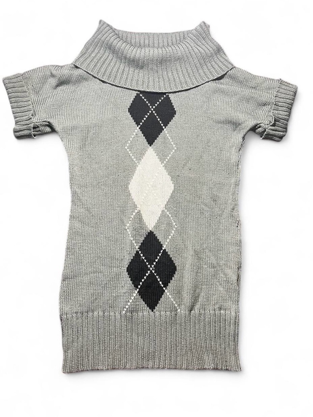 Gray Argyle Knit Sweater Dress with Turtleneck